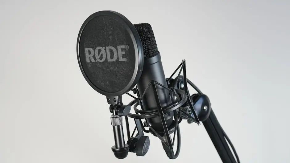 Professional Rode microphone with pop filter for studio recording and broadcasting.
